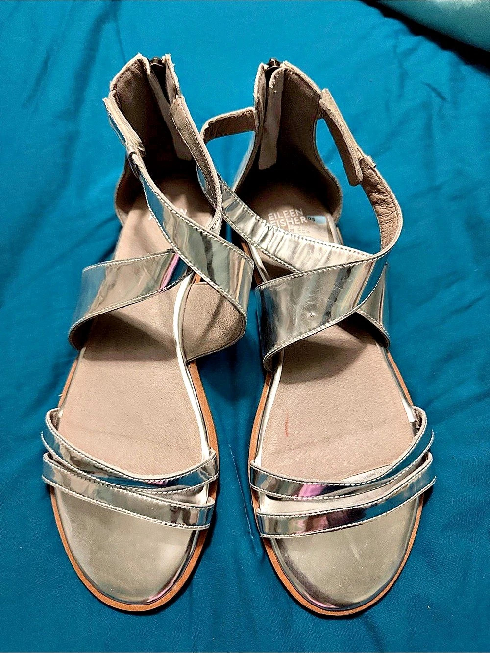 Eileen Fisher Sally Metallic Crisscross Sandals Silver US 10